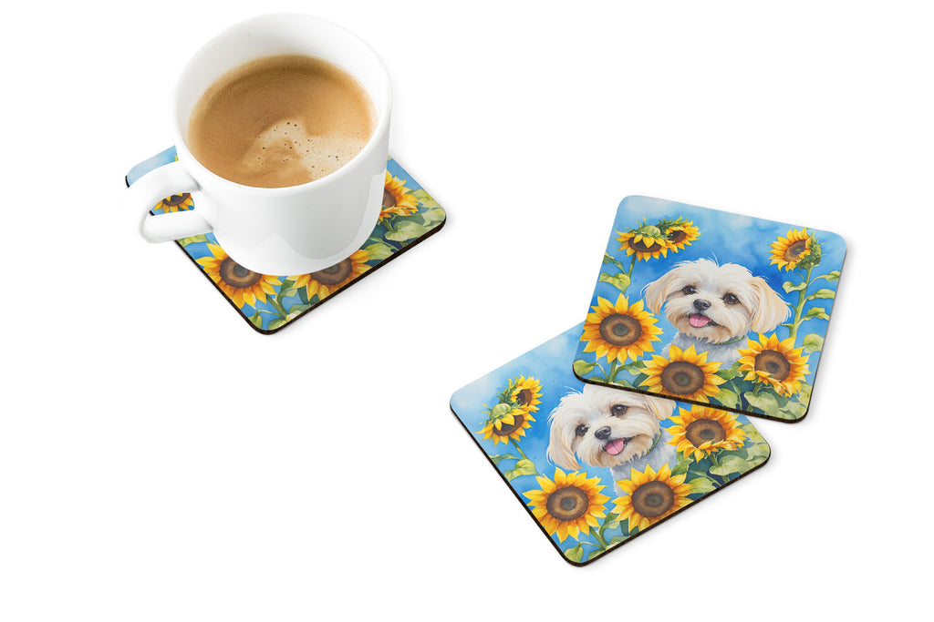 Maltese in Sunflowers Foam Coasters Set of 4 Cup Coasters for Indoor Outdoor, Tabletop Protection, Anti Slip, Mouse pad Material