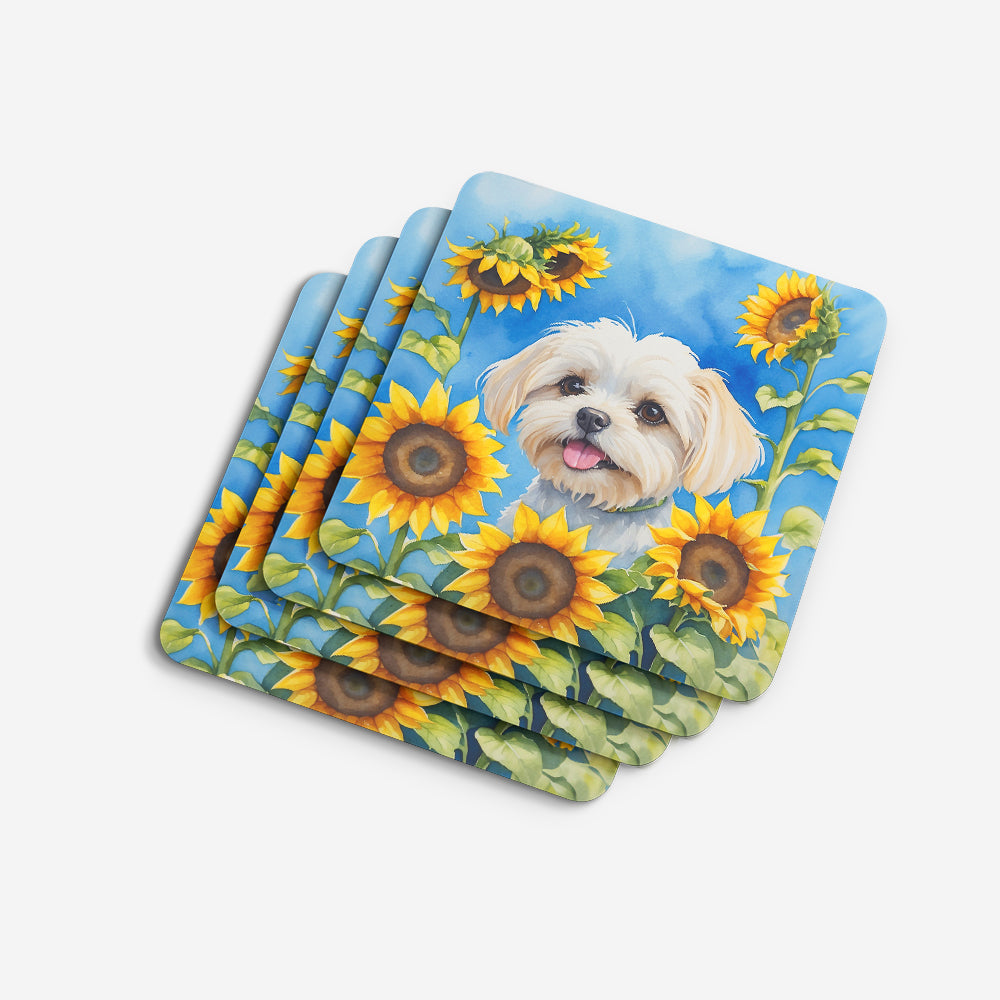 Maltese in Sunflowers Foam Coasters Set of 4 Cup Coasters for Indoor Outdoor, Tabletop Protection, Anti Slip, Mouse pad Material