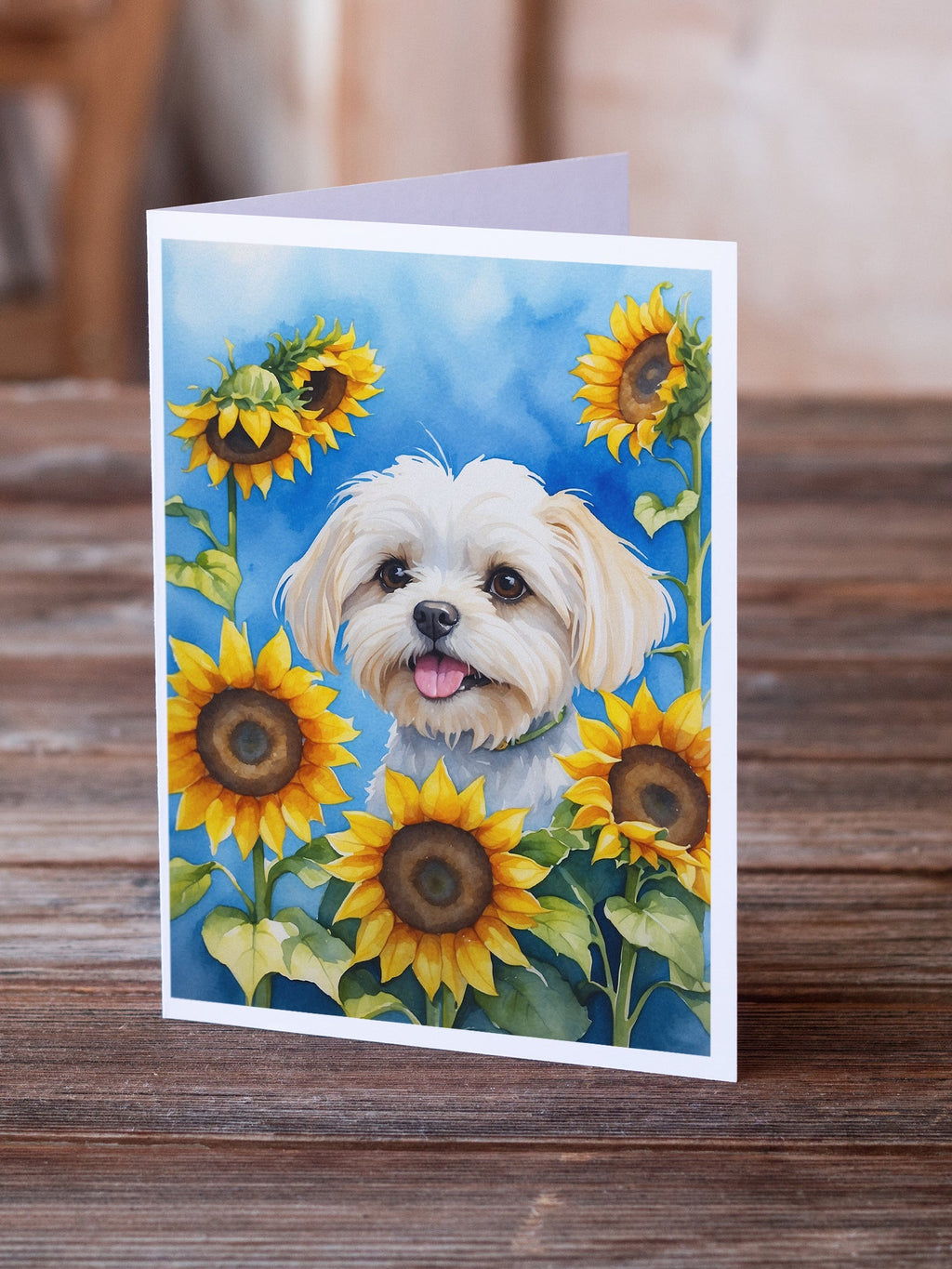 Maltese in Sunflowers Greeting Cards Pack of 8 Blank Cards with Envelopes Whimsical A7 Size 5x7