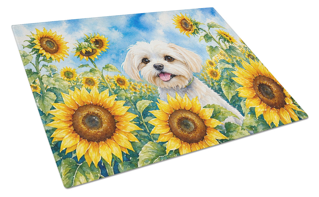 Maltese in Sunflowers Cutting Board Tempered Glass Kitchen Cutting Surface, Heat Resistant Chopping Board with Non-Slip Feet, Decorative Food Prep & Serving