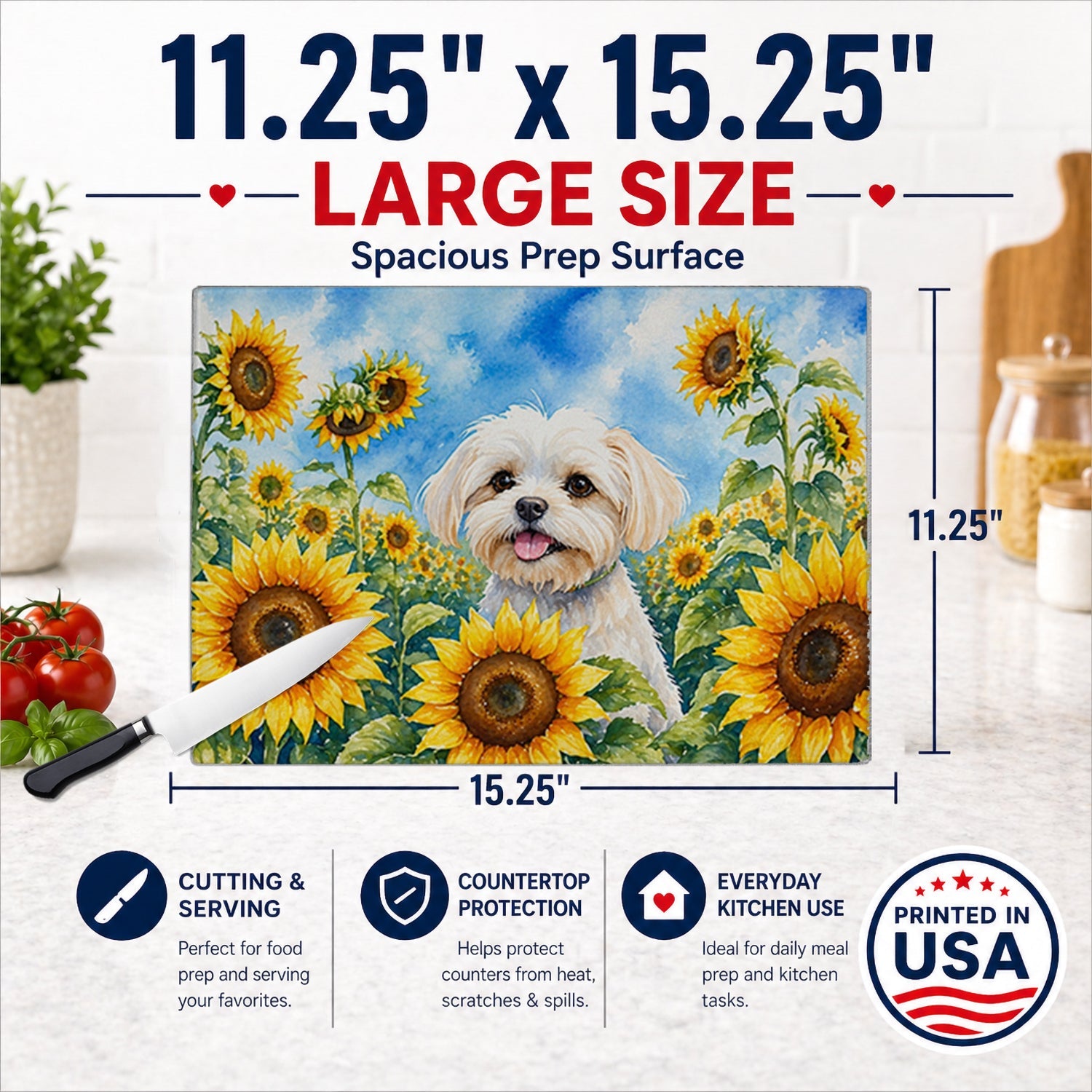 Maltese in Sunflowers Cutting Board Tempered Glass Kitchen Cutting Surface, Heat Resistant Chopping Board with Non-Slip Feet, Decorative Food Prep & Serving