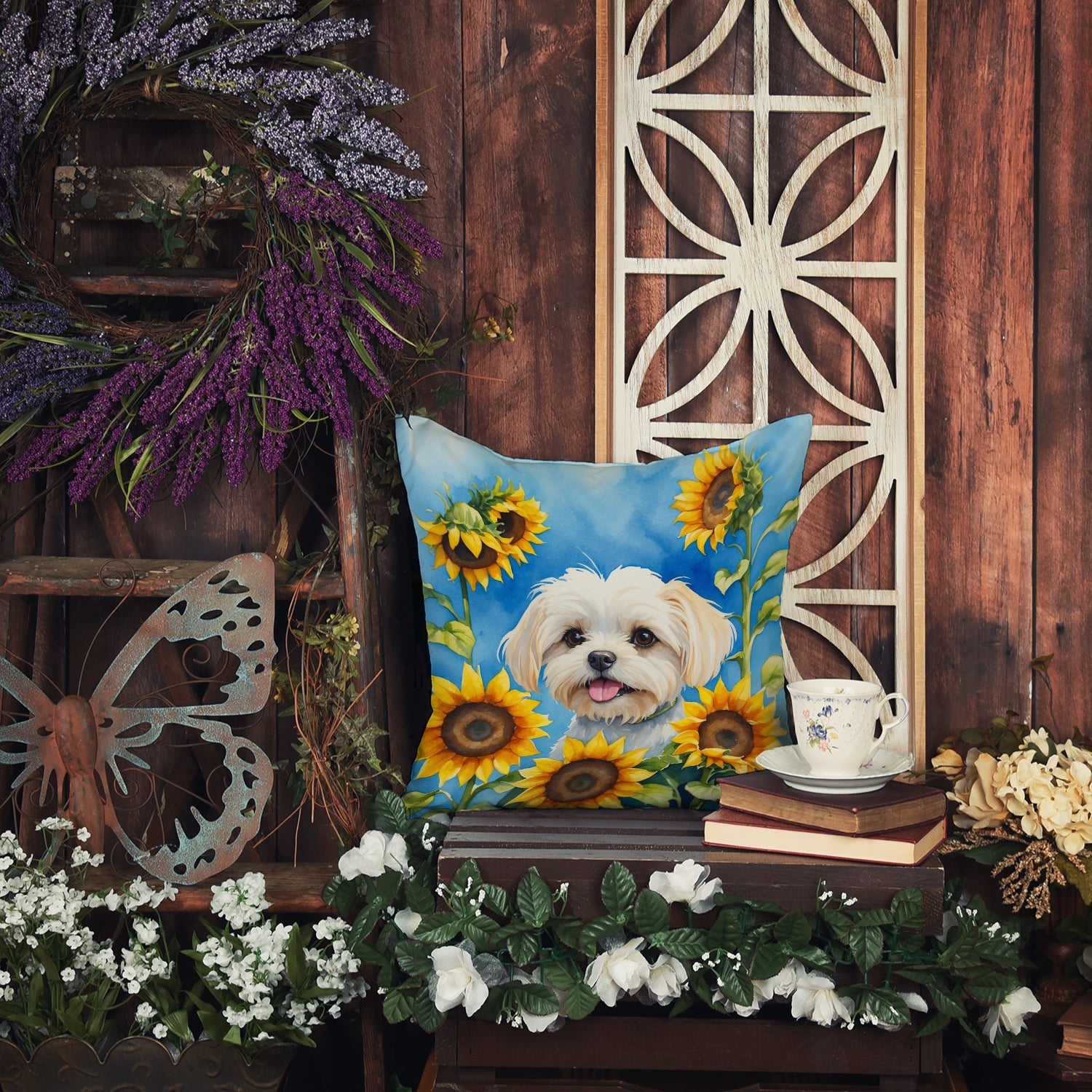 Maltese in Sunflowers Decorative Throw Pillow 14x14 Indoor Outdoor Accent Cushion, Fabric Cover with Insert for Sofa, Bed, Porch & Living Room