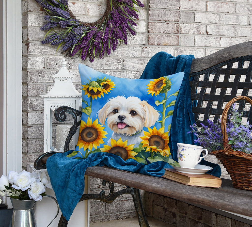 Maltese in Sunflowers Decorative Throw Pillow 18x18 Indoor Outdoor Accent Cushion, Fabric Cover with Insert for Sofa, Bed, Porch & Living Room