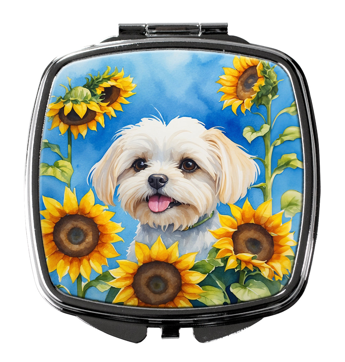 Maltese in Sunflowers Compact Mirror Decorative Travel Makeup Mirror for Women Girls Gifts Pocket Makeup Mirror Folding Handheld