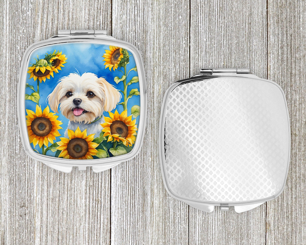 Maltese in Sunflowers Compact Mirror Decorative Travel Makeup Mirror for Women Girls Gifts Pocket Makeup Mirror Folding Handheld