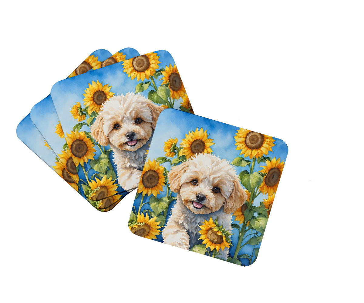 Maltipoo in Sunflowers Foam Coasters Set of 4 Cup Coasters for Indoor Outdoor, Tabletop Protection, Anti Slip, Mouse pad Material