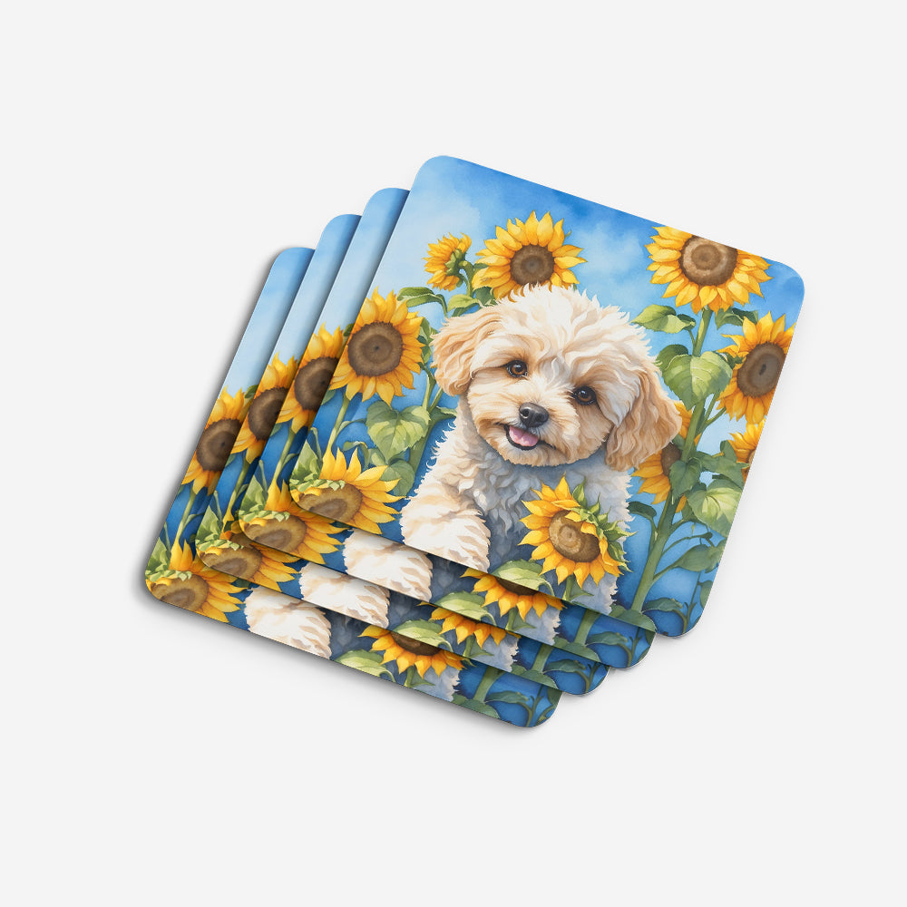 Maltipoo in Sunflowers Foam Coasters Set of 4 Cup Coasters for Indoor Outdoor, Tabletop Protection, Anti Slip, Mouse pad Material