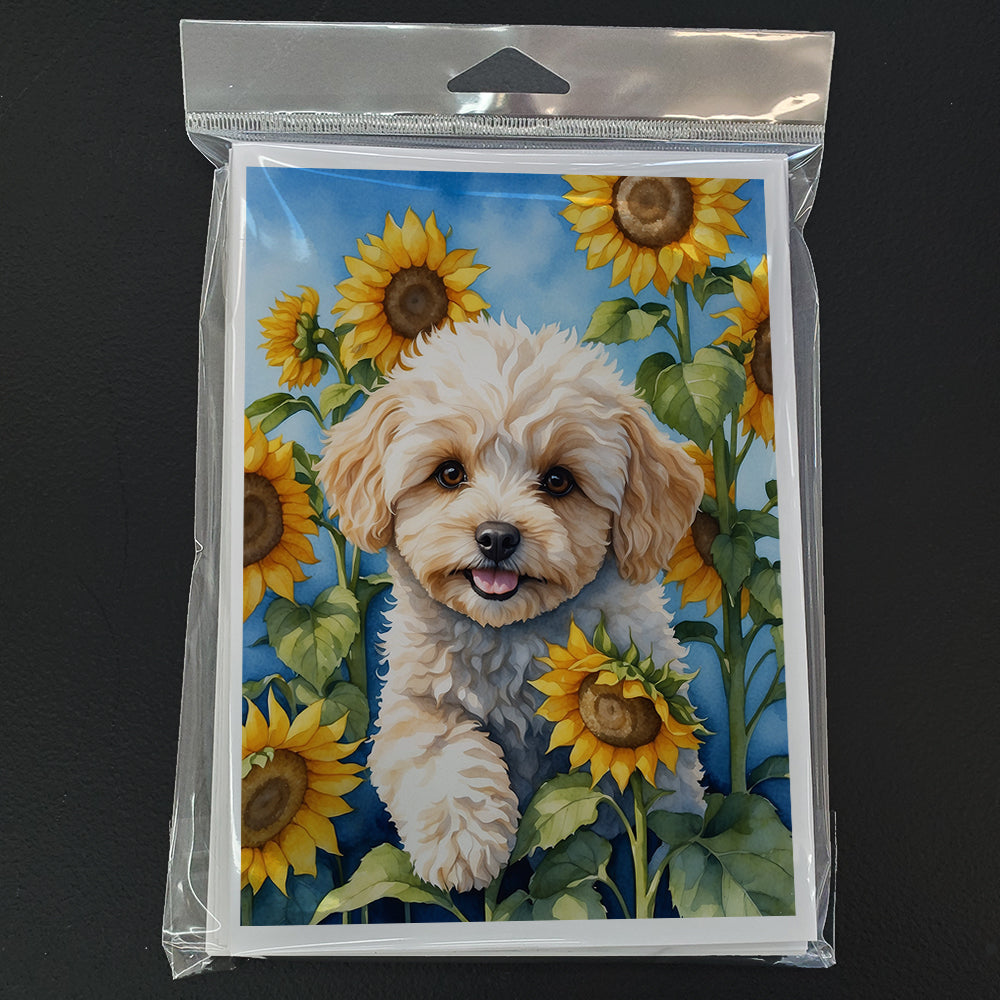 Maltipoo in Sunflowers Greeting Cards Pack of 8 Blank Cards with Envelopes Whimsical A7 Size 5x7