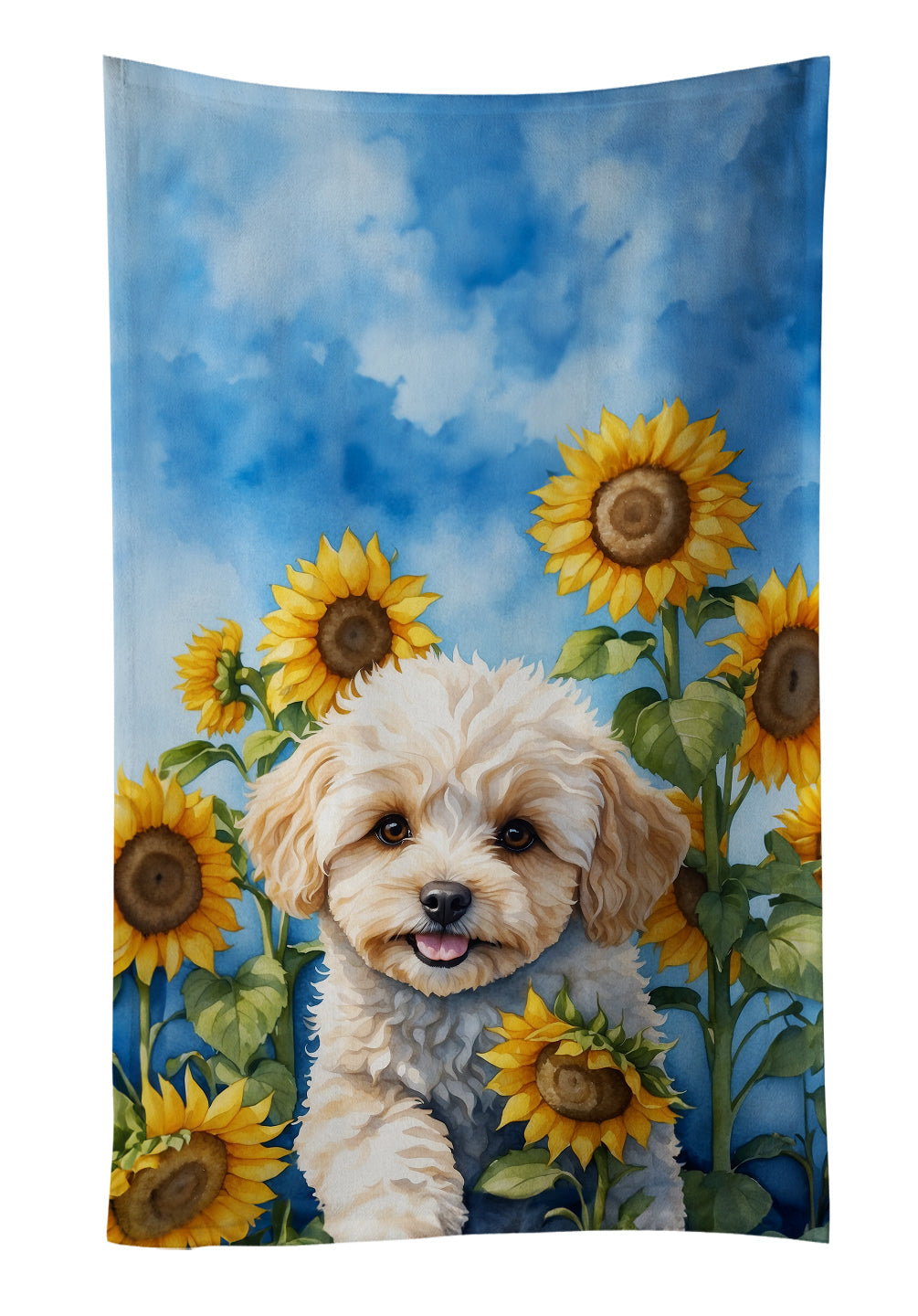 Maltipoo in Sunflowers Kitchen Towel Velour Plush Front and Cotton Loop Back Machine Washable