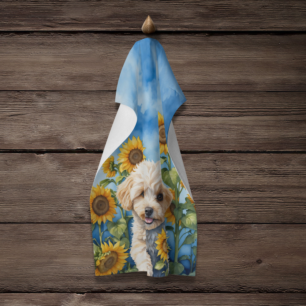 Maltipoo in Sunflowers Kitchen Towel Velour Plush Front and Cotton Loop Back Machine Washable