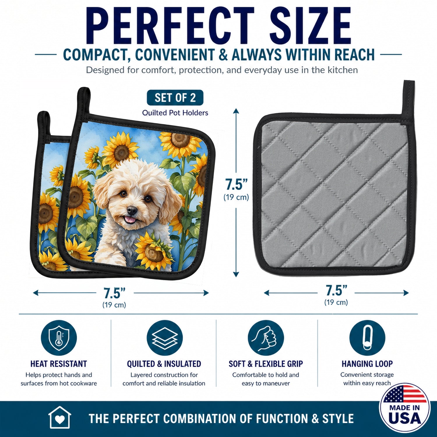Maltipoo in Sunflowers Pot Holder Set of 2 Heat Resistant Quilted Hot Pads 7.5 x 7.5 Inch, Insulated Kitchen Trivets for Cooking & Baking