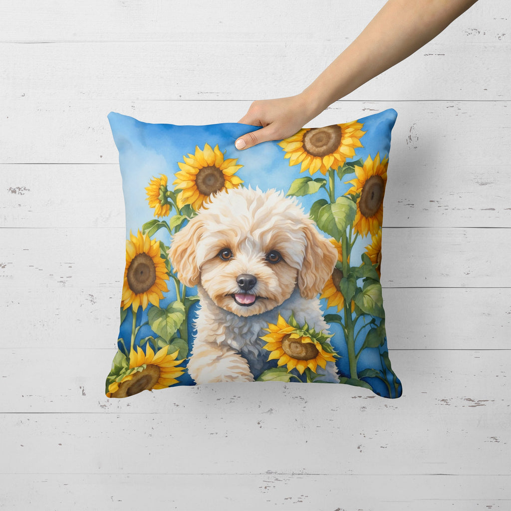 Maltipoo in Sunflowers Decorative Throw Pillow 18x18 Indoor Outdoor Accent Cushion, Fabric Cover with Insert for Sofa, Bed, Porch & Living Room