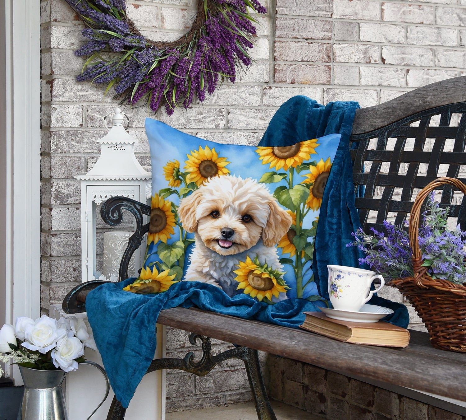 Maltipoo in Sunflowers Decorative Throw Pillow 18x18 Indoor Outdoor Accent Cushion, Fabric Cover with Insert for Sofa, Bed, Porch & Living Room