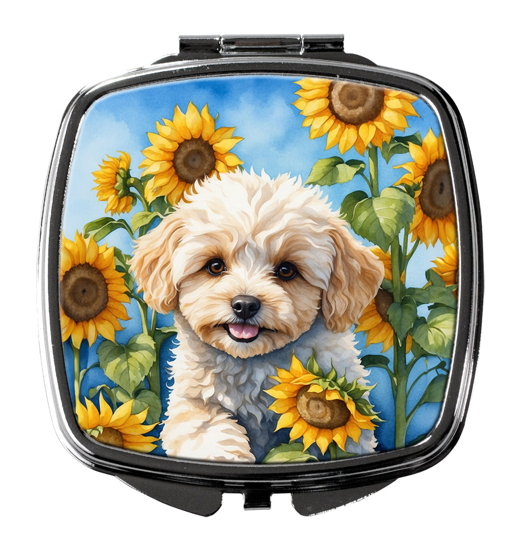 Maltipoo in Sunflowers Compact Mirror Decorative Travel Makeup Mirror for Women Girls Gifts Pocket Makeup Mirror Folding Handheld