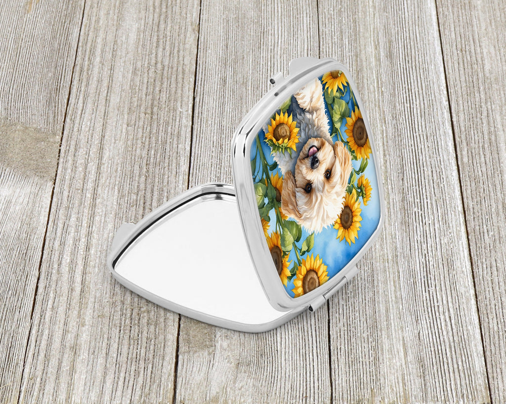 Maltipoo in Sunflowers Compact Mirror Decorative Travel Makeup Mirror for Women Girls Gifts Pocket Makeup Mirror Folding Handheld