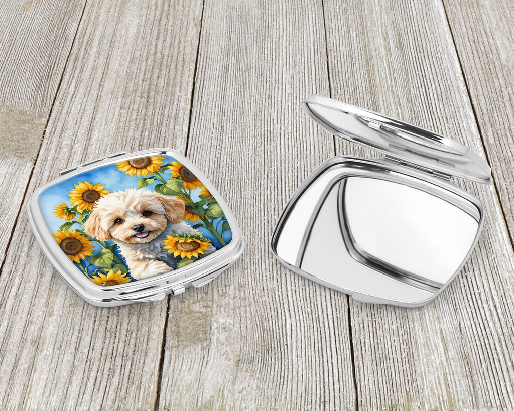 Maltipoo in Sunflowers Compact Mirror Decorative Travel Makeup Mirror for Women Girls Gifts Pocket Makeup Mirror Folding Handheld
