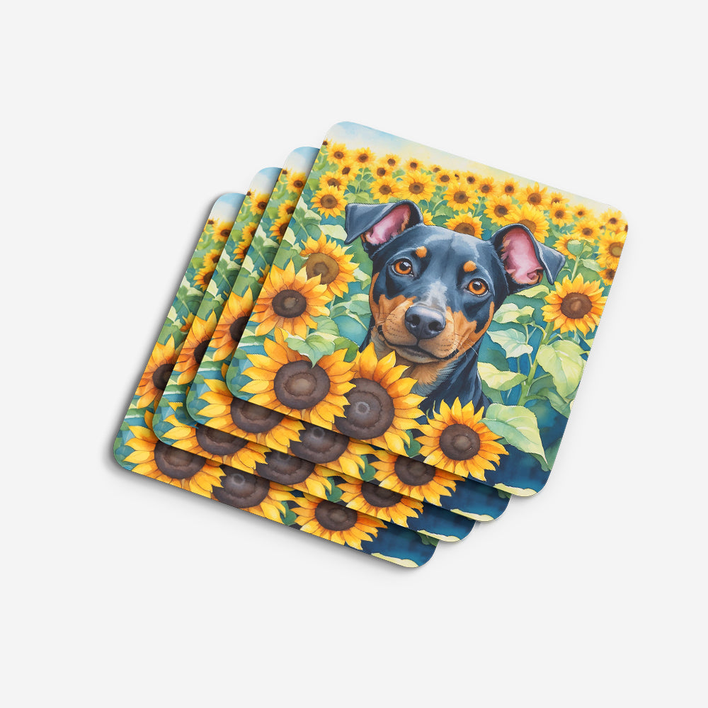 Manchester Terrier in Sunflowers Foam Coasters Set of 4 Cup Coasters for Indoor Outdoor, Tabletop Protection, Anti Slip, Mouse pad Material