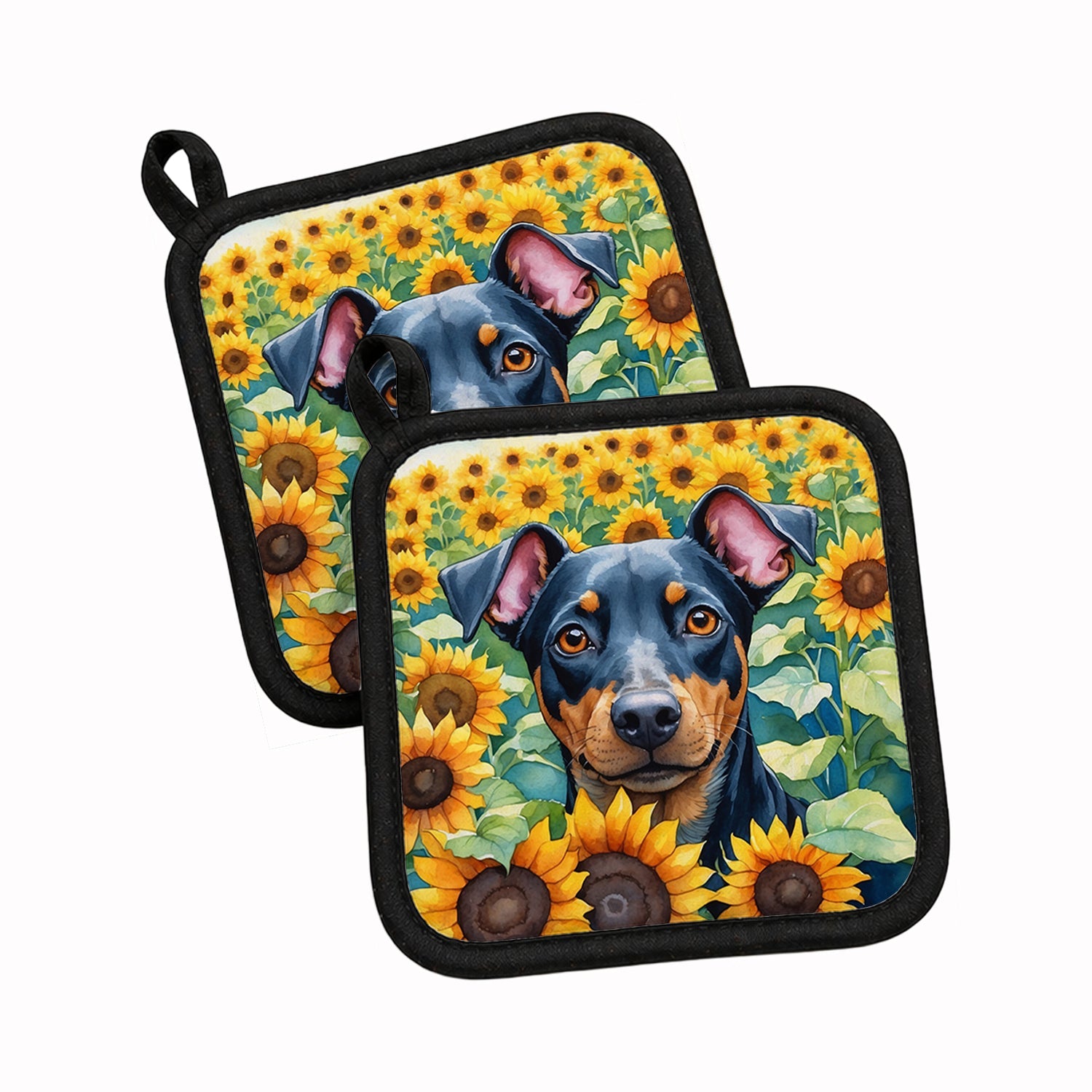 Manchester Terrier in Sunflowers Pot Holder Set of 2 Heat Resistant Quilted Hot Pads 7.5 x 7.5 Inch, Insulated Kitchen Trivets for Cooking & Baking