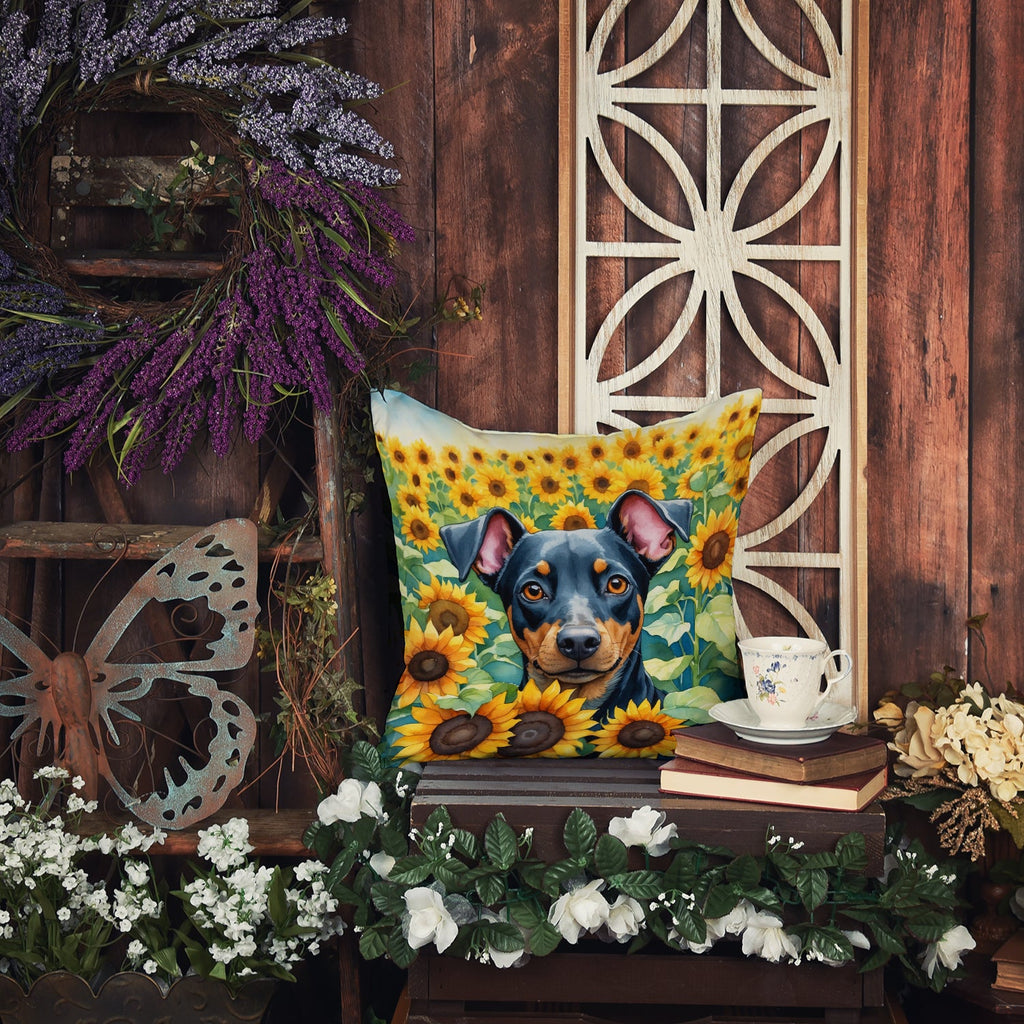 Manchester Terrier in Sunflowers Decorative Throw Pillow 14x14 Indoor Outdoor Accent Cushion, Fabric Cover with Insert for Sofa, Bed, Porch & Living Room