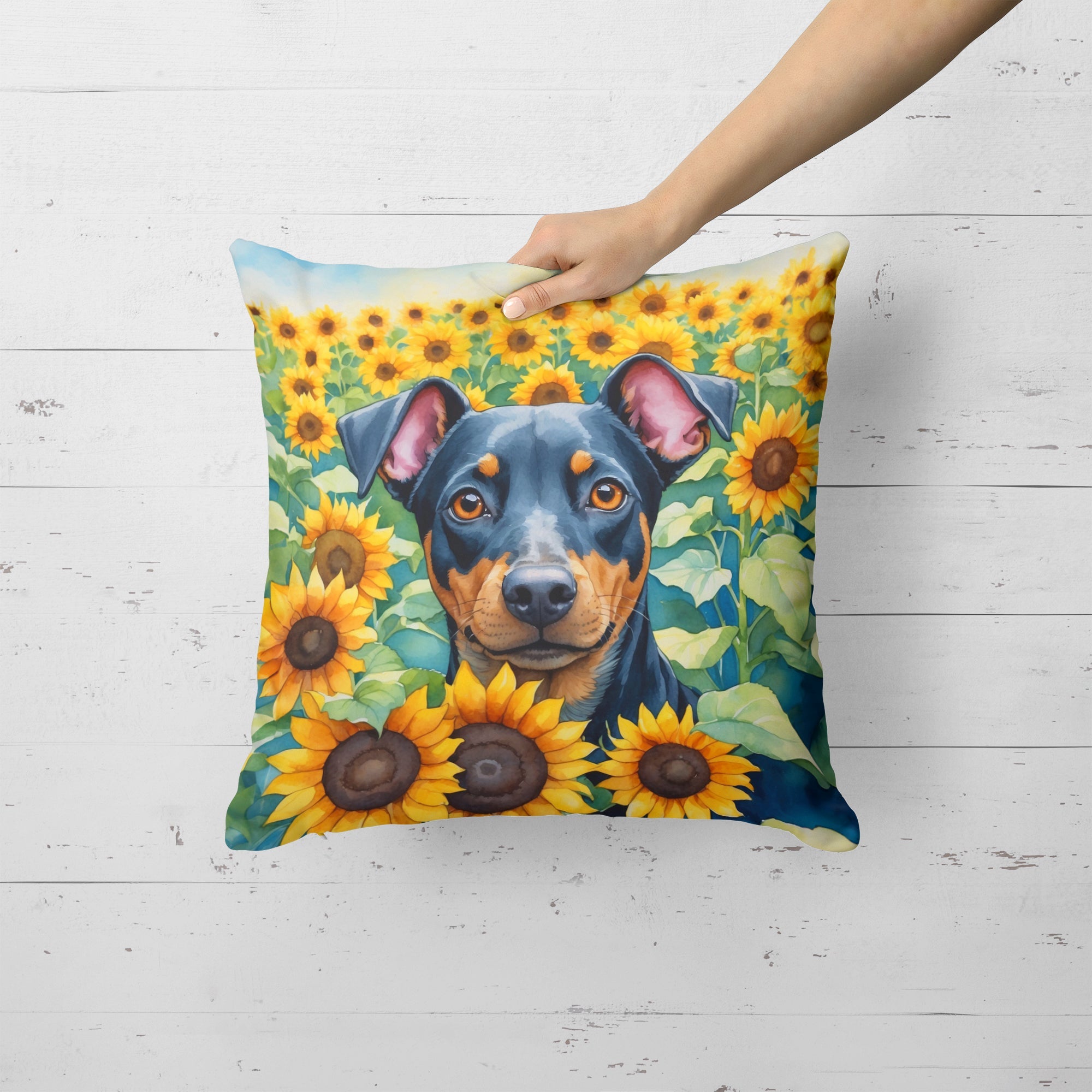 Manchester Terrier in Sunflowers Decorative Throw Pillow 18x18 Indoor Outdoor Accent Cushion, Fabric Cover with Insert for Sofa, Bed, Porch & Living Room
