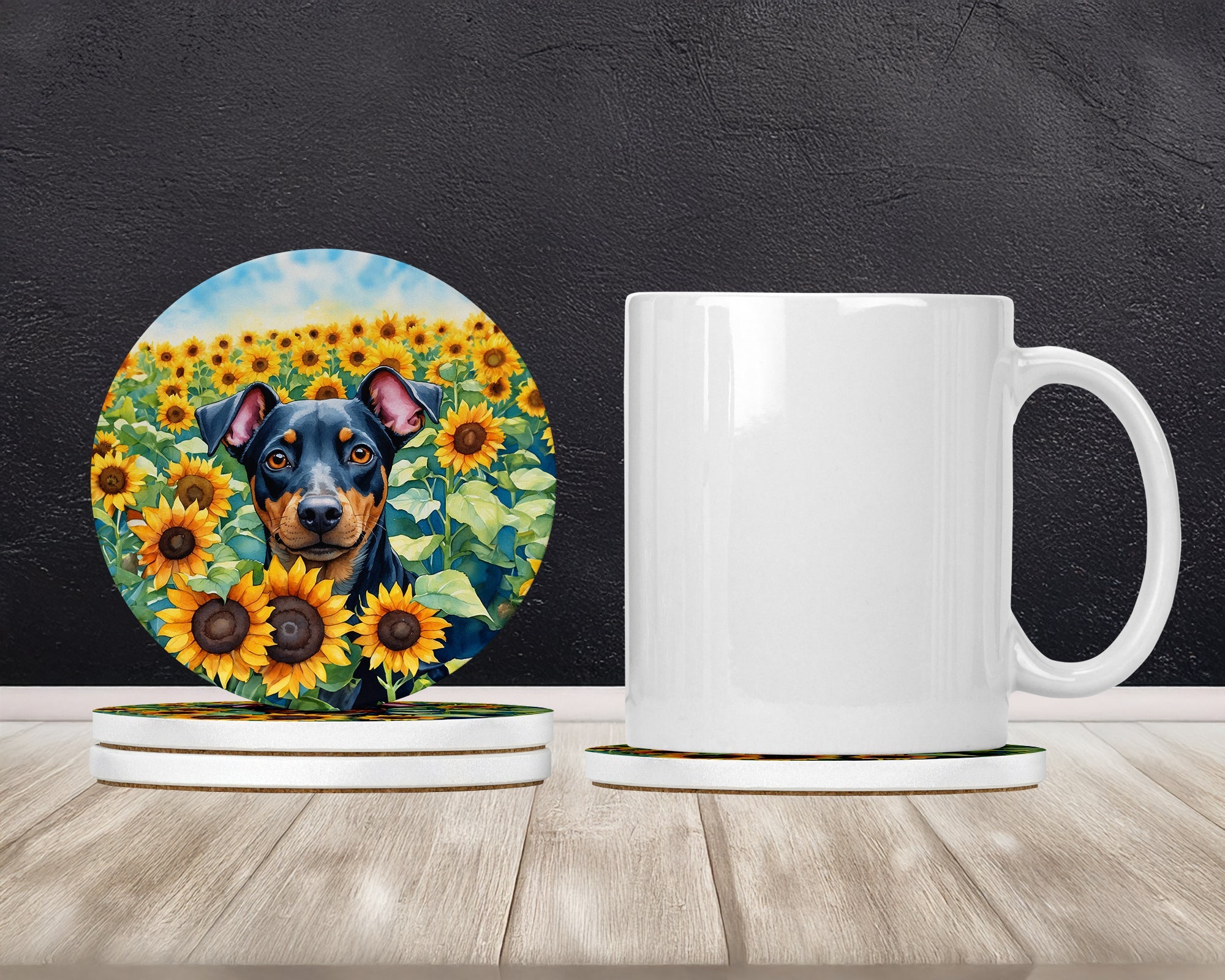 Manchester Terrier in Sunflowers Large Sandstone Coasters Pack of 4 Absorbent Round Coasters Decor Gifts for Men or Women, 4 in, Multicolor