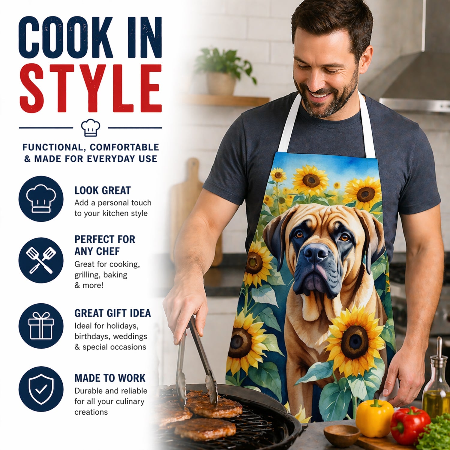 Mastiff in Sunflowers Apron Cooking Kitchen Server Baking Crafts Gardening for Adult Women Men, Unisex, Large, Multicolor