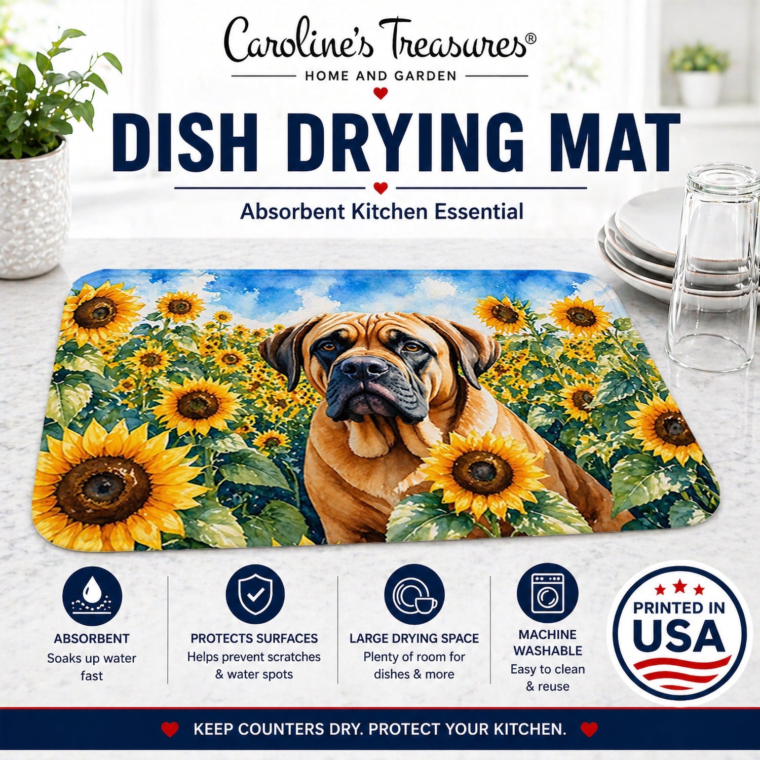 Mastiff in Sunflowers Dish Drying Mat Absorbent Dish Drying Mat Pad for Kitchen Counter Dish Drainer Mat for Countertop, 14 x 21", Multicolor