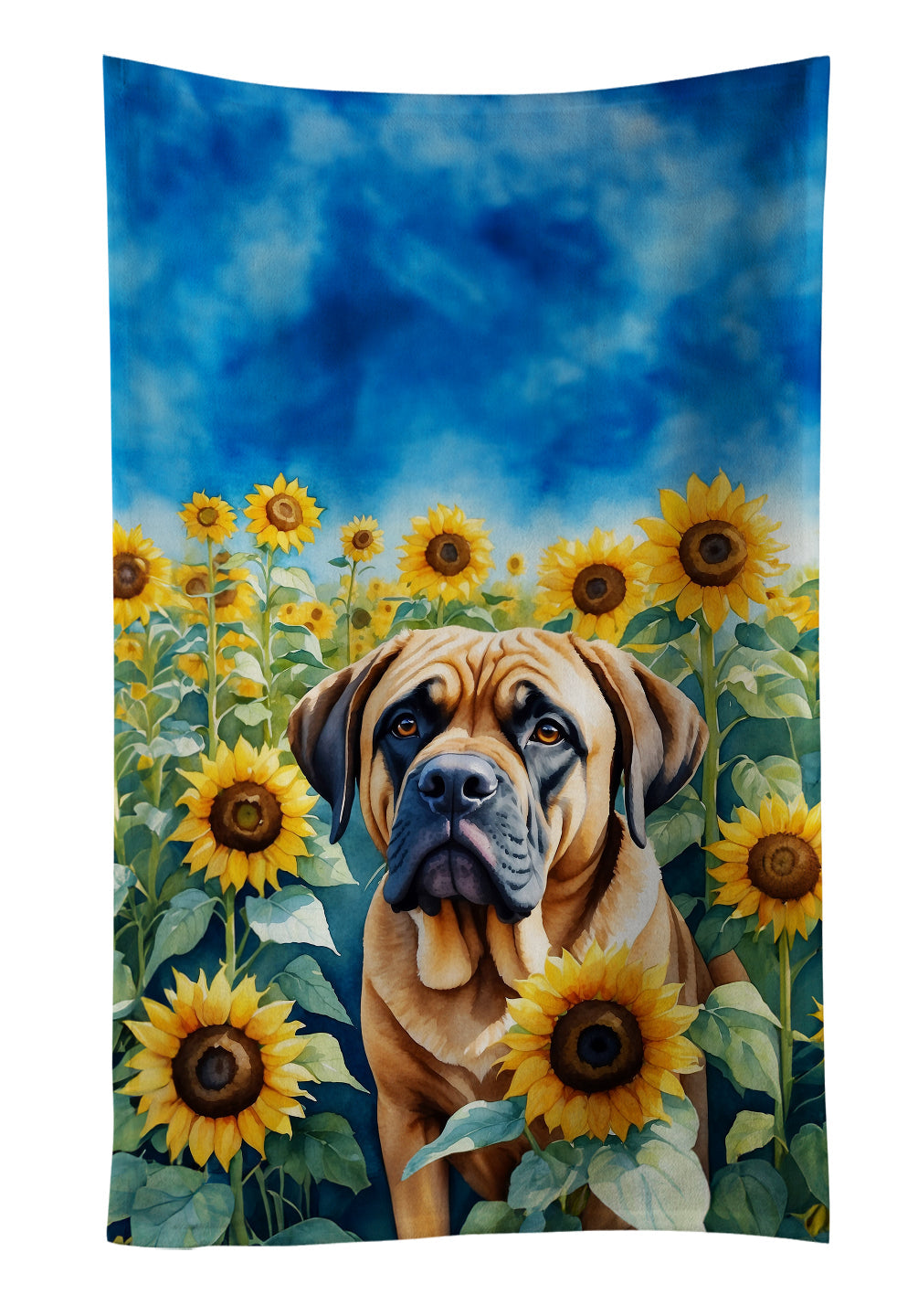 Mastiff in Sunflowers Kitchen Towel Velour Plush Front and Cotton Loop Back Machine Washable