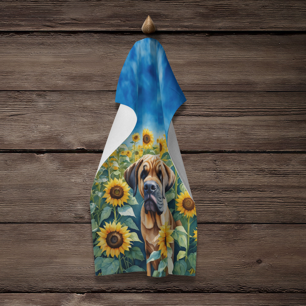 Mastiff in Sunflowers Kitchen Towel Velour Plush Front and Cotton Loop Back Machine Washable