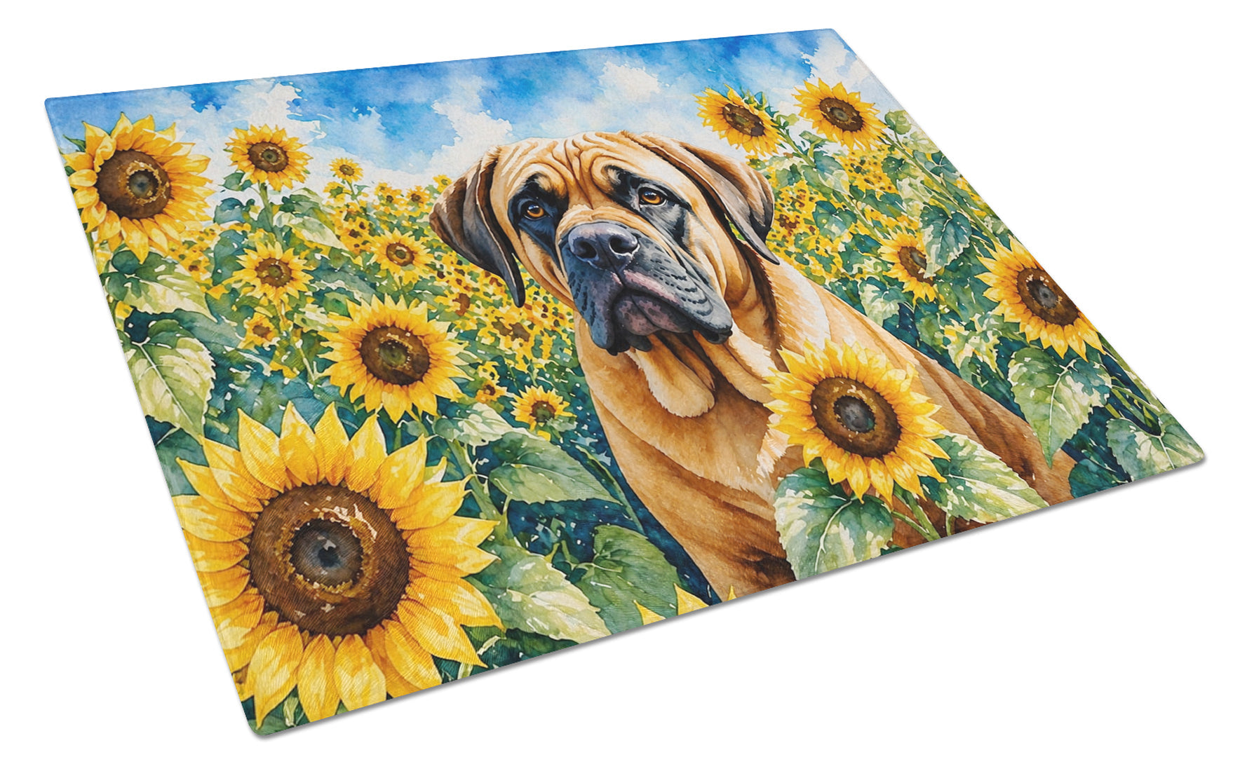 Mastiff in Sunflowers Cutting Board Tempered Glass Kitchen Cutting Surface, Heat Resistant Chopping Board with Non-Slip Feet, Decorative Food Prep & Serving