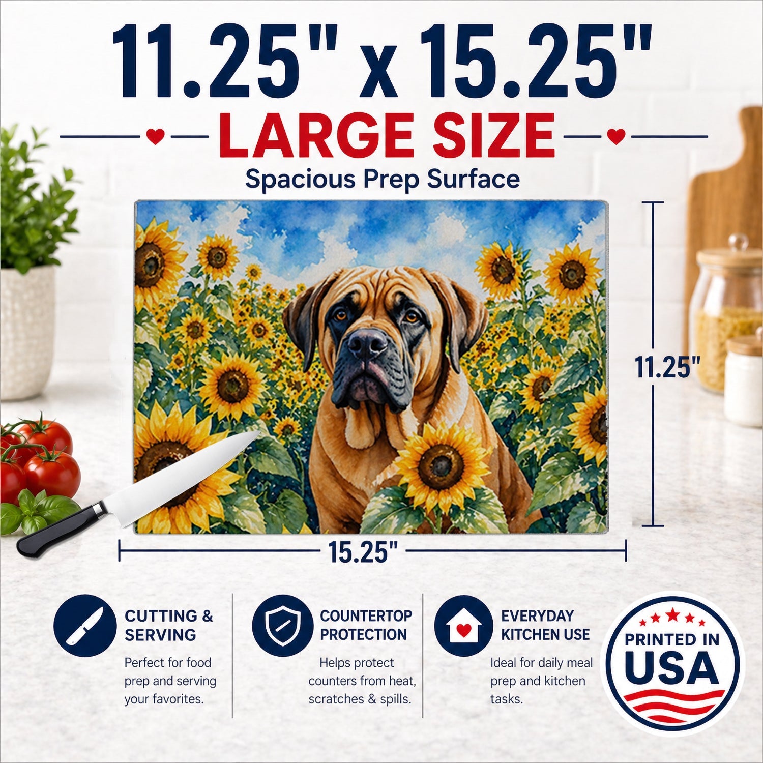 Mastiff in Sunflowers Cutting Board Tempered Glass Kitchen Cutting Surface, Heat Resistant Chopping Board with Non-Slip Feet, Decorative Food Prep & Serving