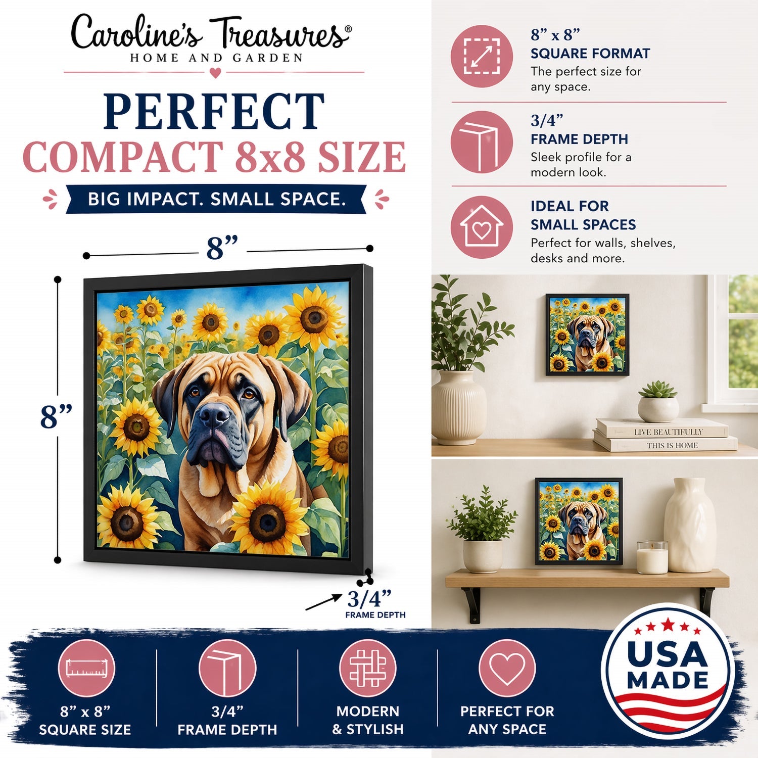 Mastiff in Sunflowers Framed Metal Print Bathroom, Kitchen, Office, Home Decor Wall Art Ready to Hang, Square, 8X8