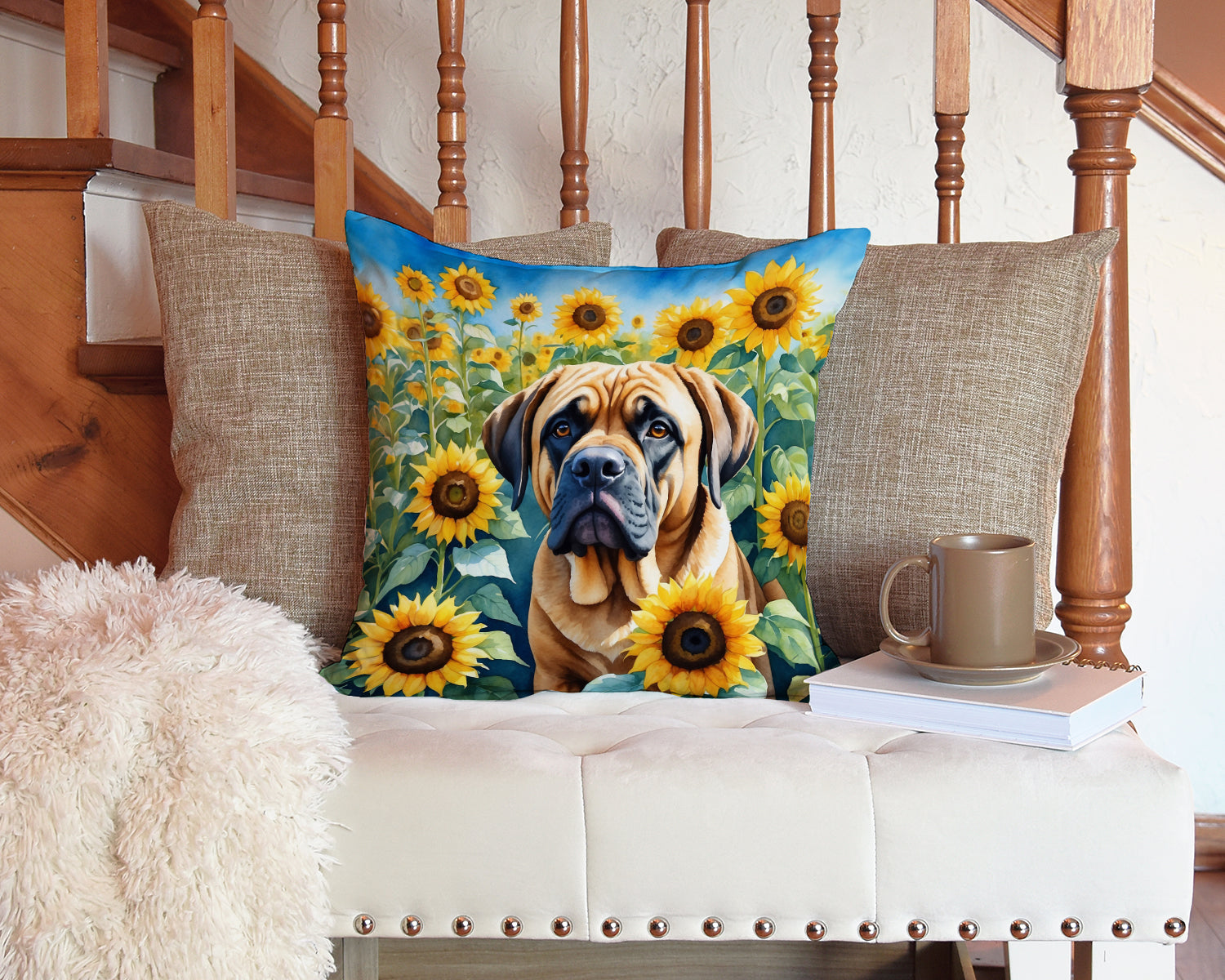 Mastiff in Sunflowers Decorative Throw Pillow 14x14 Indoor Outdoor Accent Cushion, Fabric Cover with Insert for Sofa, Bed, Porch & Living Room