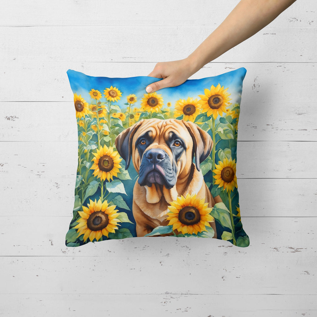 Mastiff in Sunflowers Decorative Throw Pillow 18x18 Indoor Outdoor Accent Cushion, Fabric Cover with Insert for Sofa, Bed, Porch & Living Room