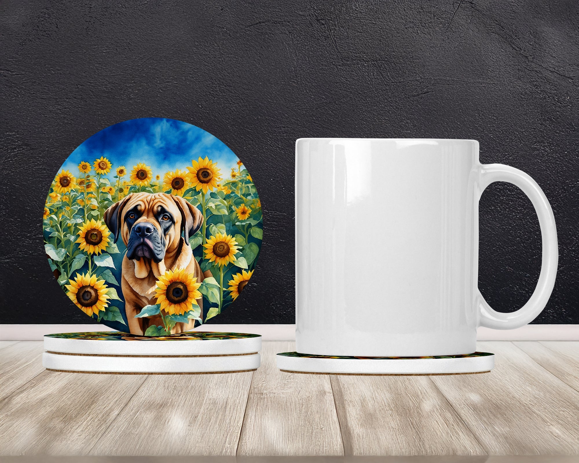 Mastiff in Sunflowers Large Sandstone Coasters Pack of 4 Absorbent Round Coasters Decor Gifts for Men or Women, 4 in, Multicolor