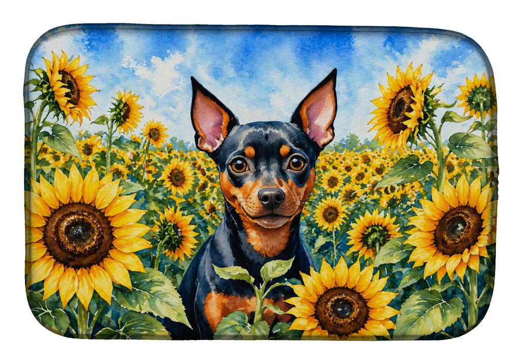 Miniature Pinscher in Sunflowers Dish Drying Mat Absorbent Dish Drying Mat Pad for Kitchen Counter Dish Drainer Mat for Countertop, 14 x 21", Multicolor