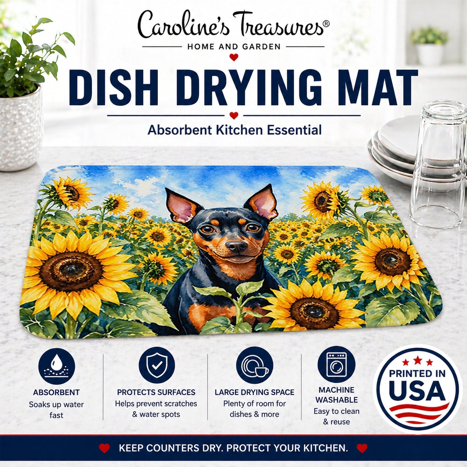 Miniature Pinscher in Sunflowers Dish Drying Mat Absorbent Dish Drying Mat Pad for Kitchen Counter Dish Drainer Mat for Countertop, 14 x 21", Multicolor