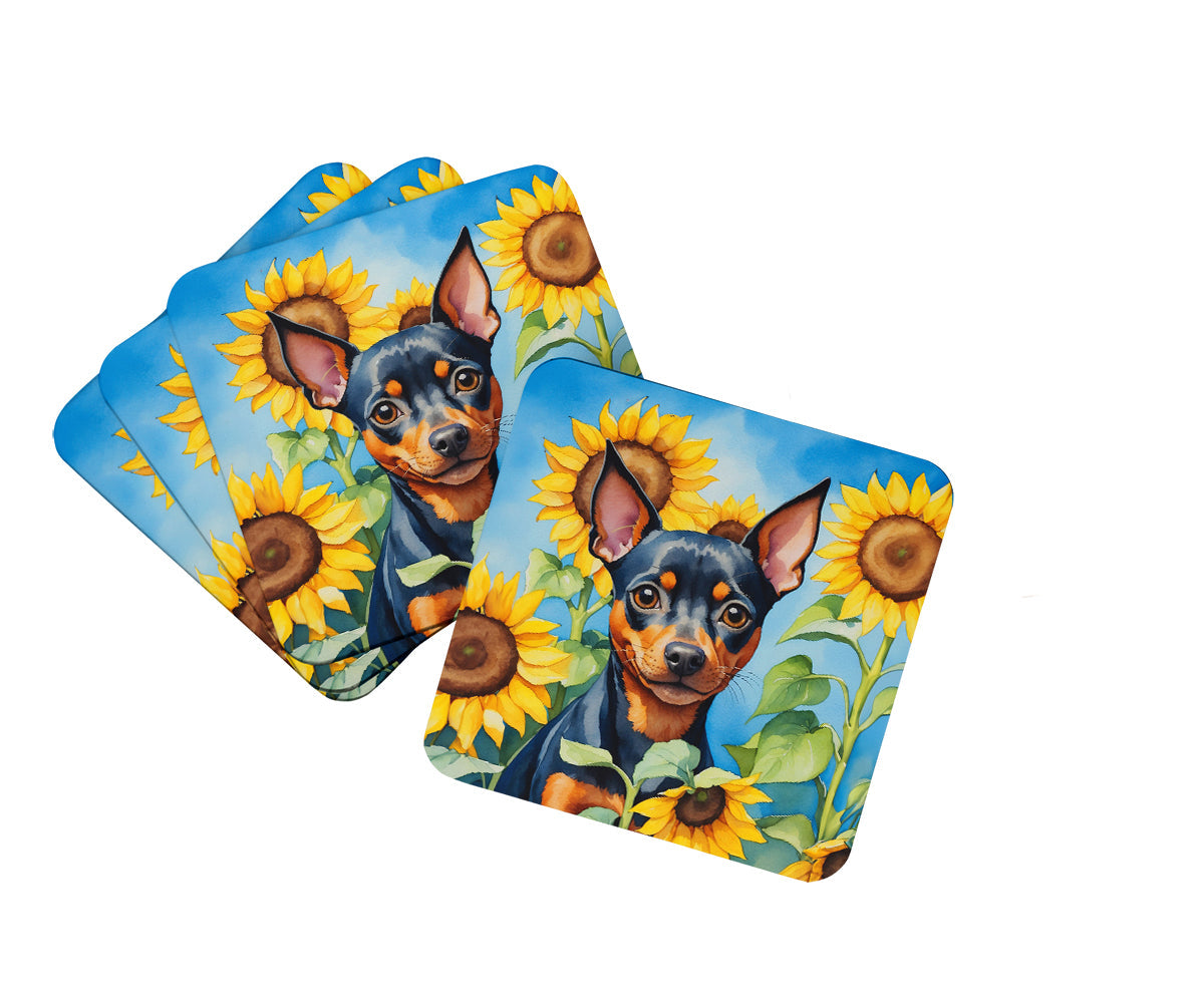 Miniature Pinscher in Sunflowers Foam Coasters Set of 4 Cup Coasters for Indoor Outdoor, Tabletop Protection, Anti Slip, Mouse pad Material