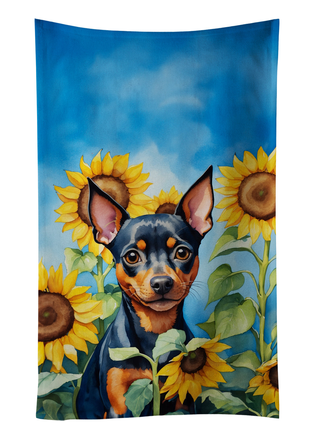 Miniature Pinscher in Sunflowers Kitchen Towel Velour Plush Front and Cotton Loop Back Machine Washable