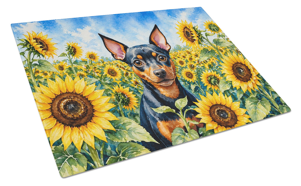Miniature Pinscher in Sunflowers Cutting Board Tempered Glass Kitchen Cutting Surface, Heat Resistant Chopping Board with Non-Slip Feet, Decorative Food Prep & Serving