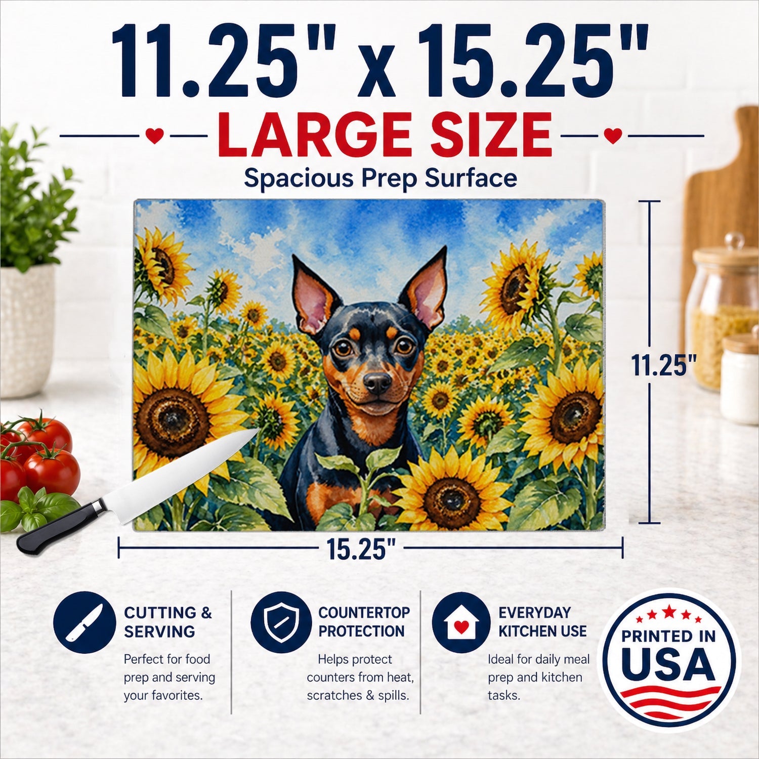 Miniature Pinscher in Sunflowers Cutting Board Tempered Glass Kitchen Cutting Surface, Heat Resistant Chopping Board with Non-Slip Feet, Decorative Food Prep & Serving