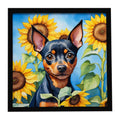 Miniature Pinscher in Sunflowers Framed Metal Print Bathroom, Kitchen, Office, Home Decor Wall Art Ready to Hang, Square, 8X8