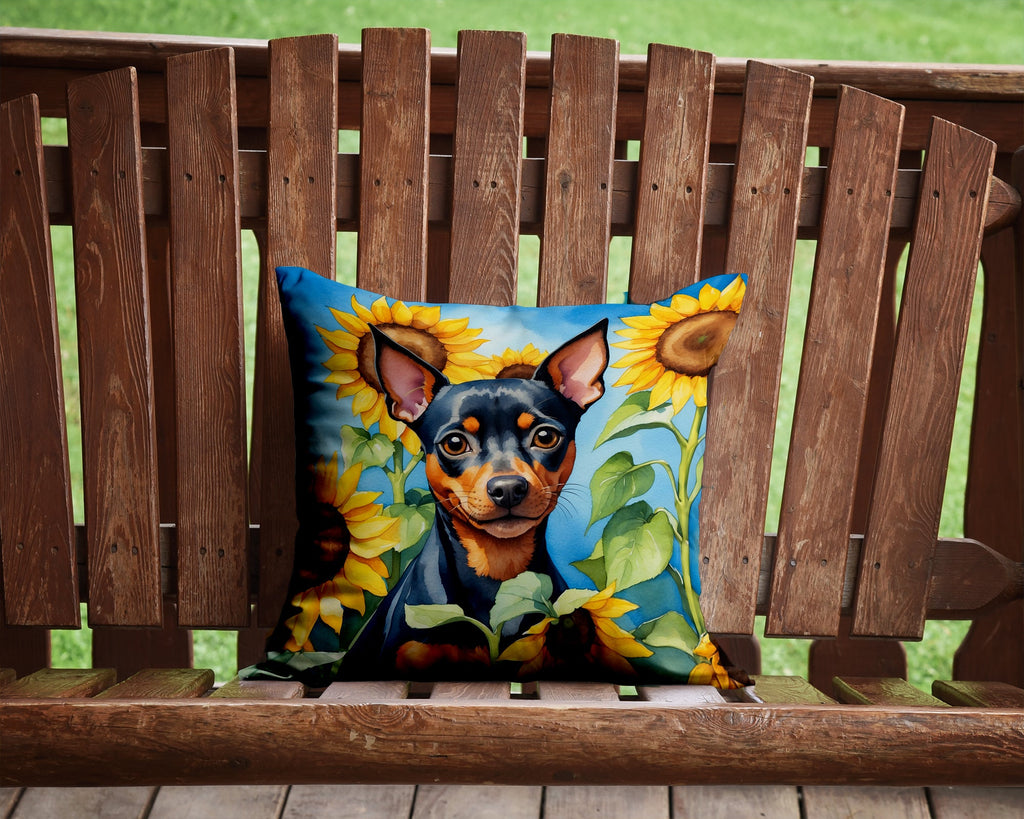 Miniature Pinscher in Sunflowers Decorative Throw Pillow 14x14 Indoor Outdoor Accent Cushion, Fabric Cover with Insert for Sofa, Bed, Porch & Living Room
