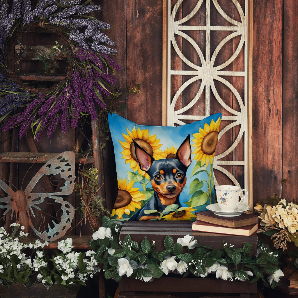 Miniature Pinscher in Sunflowers Decorative Throw Pillow 14x14 Indoor Outdoor Accent Cushion, Fabric Cover with Insert for Sofa, Bed, Porch & Living Room