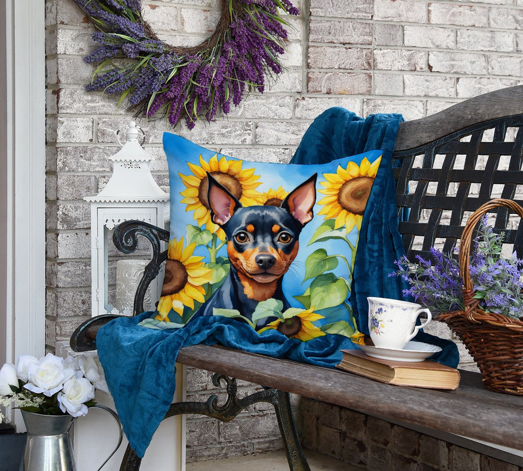 Miniature Pinscher in Sunflowers Decorative Throw Pillow 18x18 Indoor Outdoor Accent Cushion, Fabric Cover with Insert for Sofa, Bed, Porch & Living Room