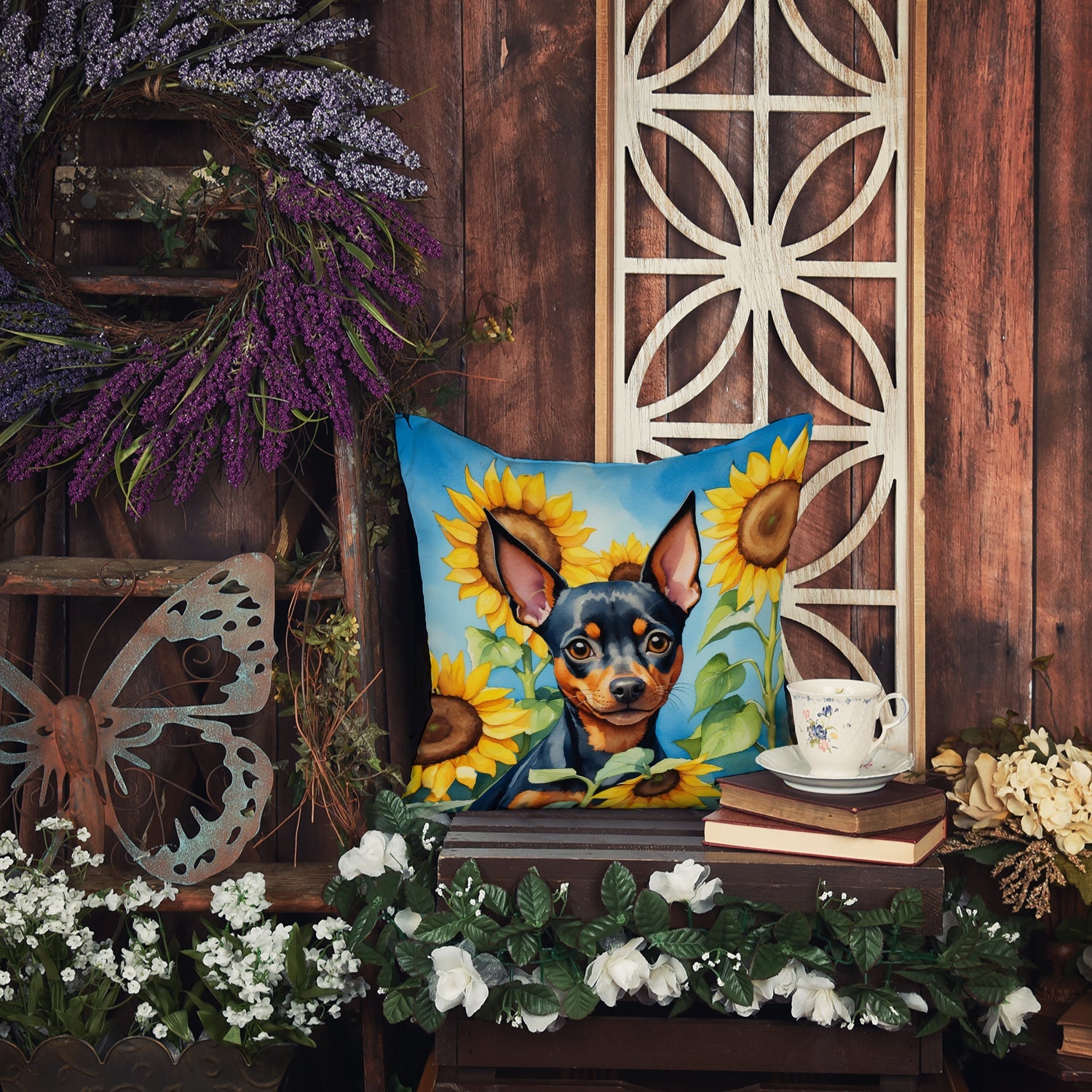 Miniature Pinscher in Sunflowers Decorative Throw Pillow 18x18 Indoor Outdoor Accent Cushion, Fabric Cover with Insert for Sofa, Bed, Porch & Living Room