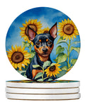 Miniature Pinscher in Sunflowers Large Sandstone Coasters Pack of 4 Absorbent Round Coasters Decor Gifts for Men or Women, 4 in, Multicolor