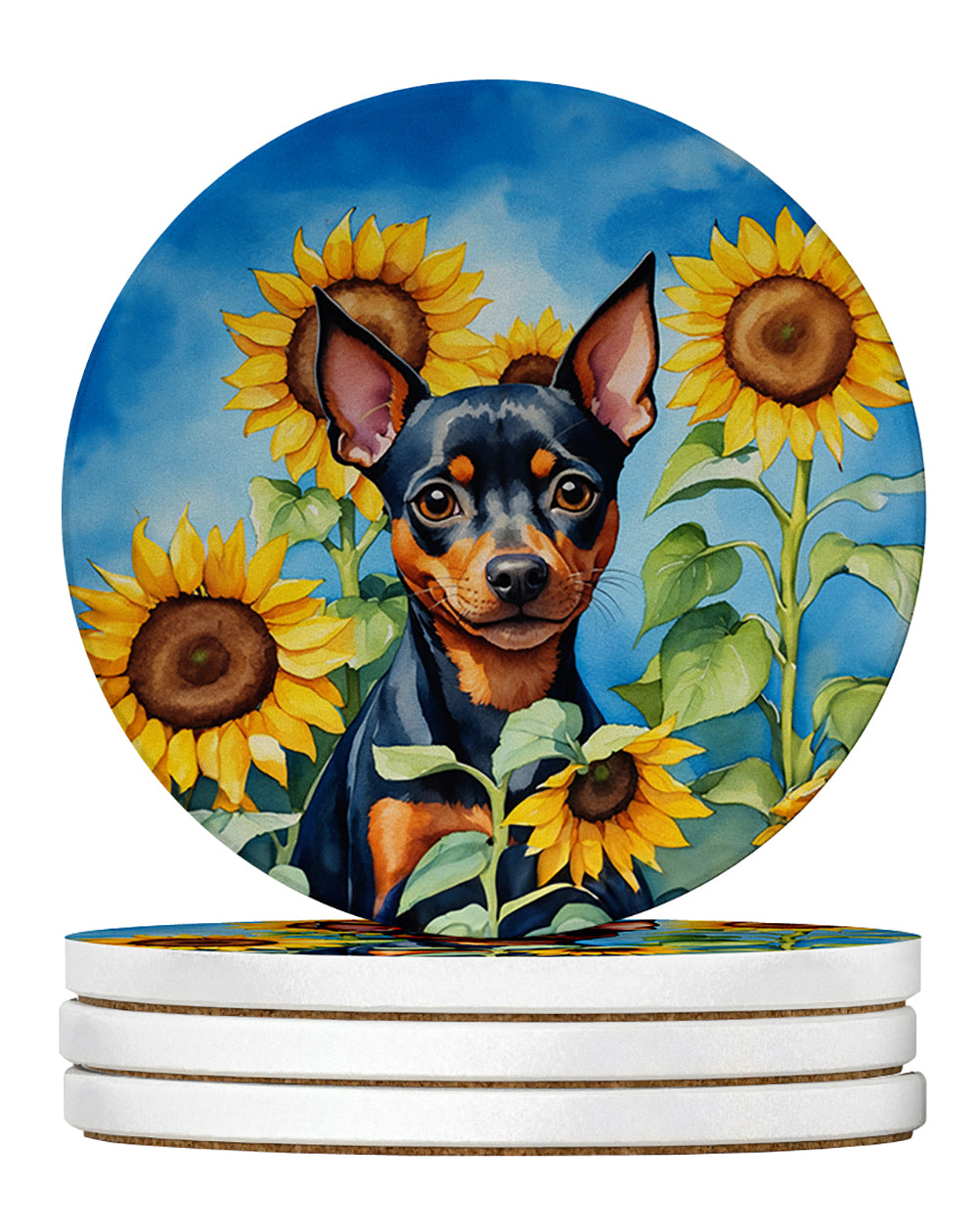 Miniature Pinscher in Sunflowers Large Sandstone Coasters Pack of 4 Absorbent Round Coasters Decor Gifts for Men or Women, 4 in, Multicolor