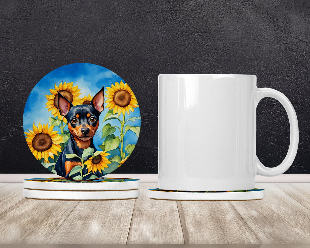 Miniature Pinscher in Sunflowers Large Sandstone Coasters Pack of 4 Absorbent Round Coasters Decor Gifts for Men or Women, 4 in, Multicolor