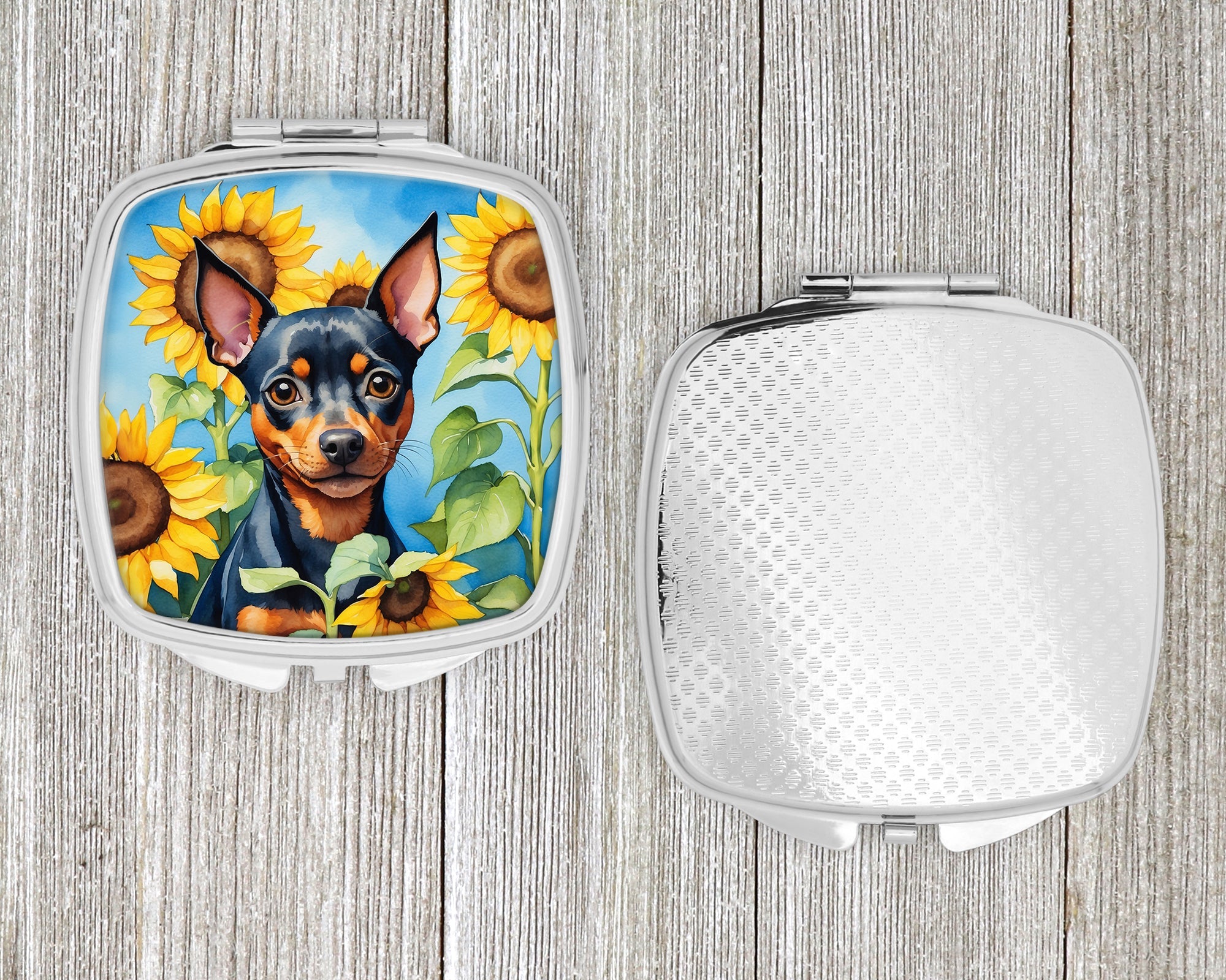Miniature Pinscher in Sunflowers Compact Mirror Decorative Travel Makeup Mirror for Women Girls Gifts Pocket Makeup Mirror Folding Handheld